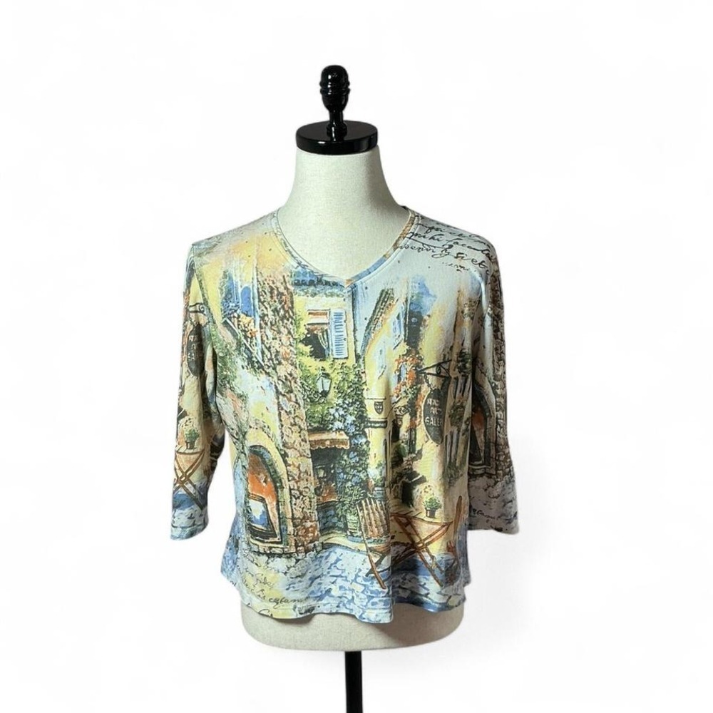 Alia Scenic European Art Gallery Top Womens PM/M Blue Yellow 3/4 Sleeve Cotton